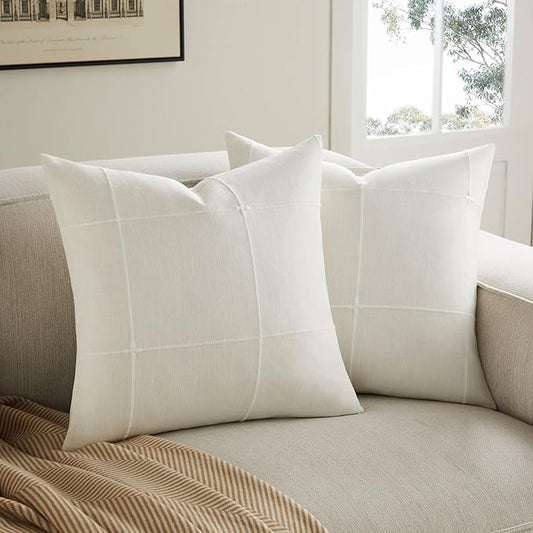 2 Packs Grid Embroidery Throw Pillow Covers, 22x22 Inch Off White, Farmhouse Linen Decorative Ivory Cushion Covers for Sofa Bed Living Room Home Decor