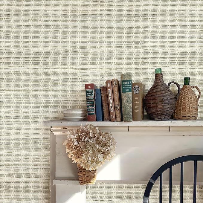 Simon&Siff Cream Textured Grasscloth Peel and Stick Wallpaper 17.7"x118" Neutral Faux Grassweave Waterproof Self Adhesive Removable Fabric Wallpaper Wall Mural for Bedroom Kitchen Cabinet