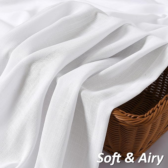 Guken White Linen Curtains 45 Inch Length for Living Room Bedroom 2 Panels Set Rod Pocket Light Filtering Semi Sheer Window Curtains 52 Inch Width Boho Farmhouse Linen Drapes, W52xL45