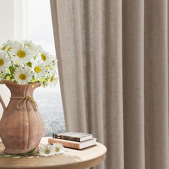 Guken Khaki Linen Curtains 84 Inches Long 2 Panel Set Rod Pocket Semi Sheer Dining Room Cozy Bedroom Decor Cotton Look Country Rustic Farmhouse Boho Curtains 52x84