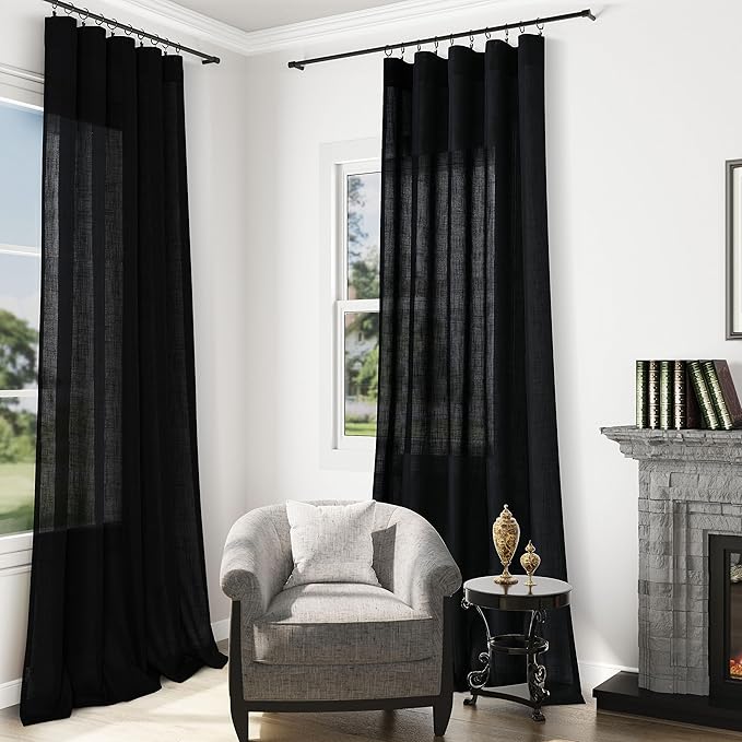 Guken Black Linen Curtains 102 Inch Length for Living Room Bedroom 2 Panels Set Rod Pocket Light Filtering Semi Sheer Window Curtains 52 Inch Width Boho Farmhouse Linen Drapes, W52xL102