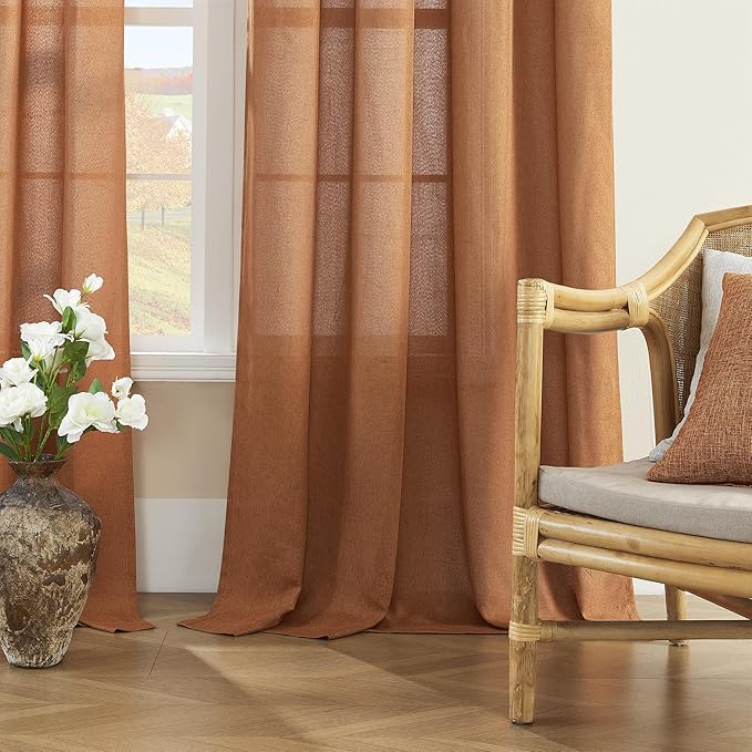 Desert Orange Curtains 84 Inch Length for Living Room 2 Panel Back Tab Rod Pocket Drape Light Filtering Semi Sheer Linen Textured Curtain for Bedroom Modern Farmhouse Decor 50x84 Long