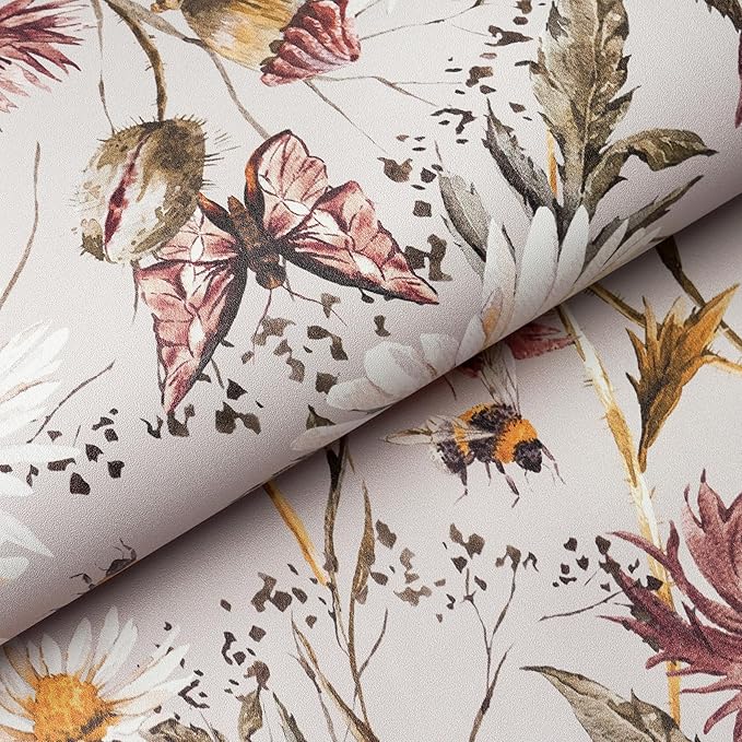 Livelynine Neutral Floral Wallpaper Peel and Stick Retro Daisy Flowers White Taupe Purple Wildflower Wall Paper Mural Bedroom Kids Girls Bathroom 17.5x78.8 French Country Butterfly Bee Ladybug Contact