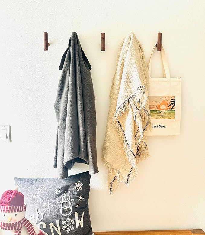 Wooden Coat Hooks, Decorative Wall Hooks for Bags, Hats, Coats, Purse, Heavy Duty, Sturdy, Natural Walnut, Easy to Install, Holds Up to 7lbs - Pack of 5