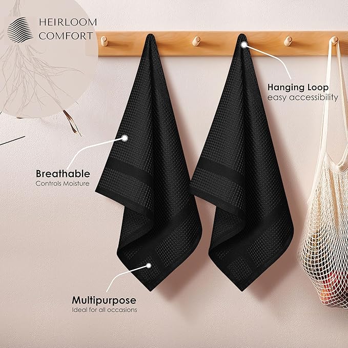 3 Pack Black Waffle Weave Kitchen Towels, 16x26 Inch, 100% Cotton Dishcloth Set, Super Absorbent, Fast Dry, Teal Towels, Soft Hand Towel, Dish Rags, Wash Cloth, Cleaning, Durable