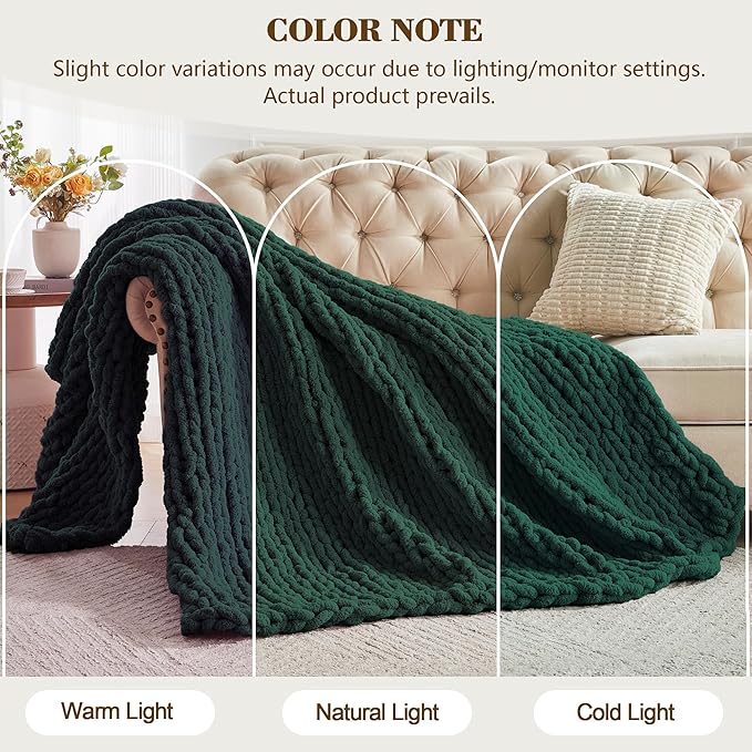Carriediosa Chunky Knit Throw Blanket 60" X 80" Twin, 100% Hand Made Large Chenille Loop Yarn Soft Fluffy Throws for Couch Sofa Bed, Big Crochet Cozy Heavy Thick Cable Woven Blankets, Dark Green