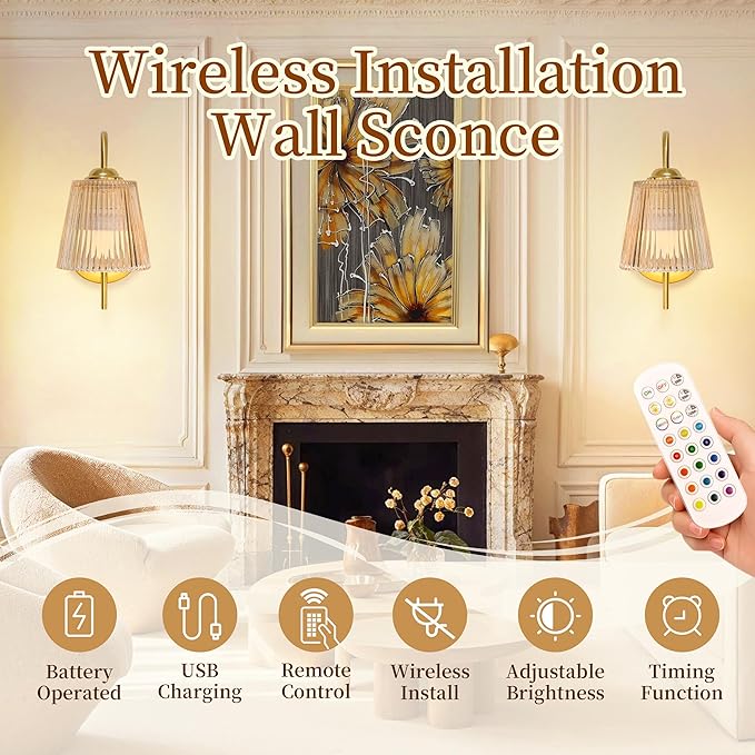 Vintage Battery Operated Wall Sconce with Flower lampshade,Rechargeable Battery Powered Wall Lights,Wall lamp With 15 Colors for Bedroom Living Room Home Decor (Amber Stripe, 2 Light Battery Operated)