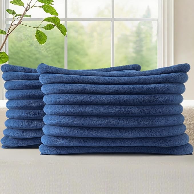 decorUhome Faux Fur Throw Pillow Covers 12x20 Set of 2, Decorative Soft Plush Striped Lumbar Neutral Couch Euro Pillow Covers with Velvet Back for Sofa, Bed, Living Room Home Decor, Blue