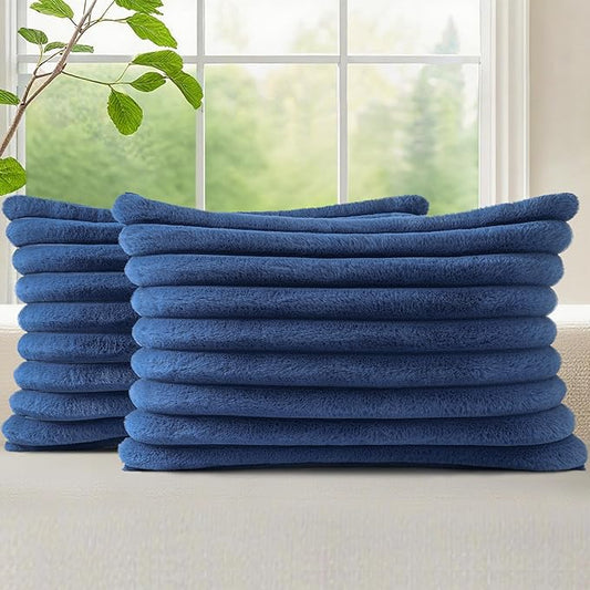decorUhome Faux Fur Throw Pillow Covers 12x20 Set of 2, Decorative Soft Plush Striped Lumbar Neutral Couch Euro Pillow Covers with Velvet Back for Sofa, Bed, Living Room Home Decor, Blue