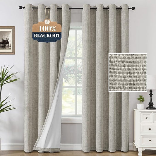 H.VERSAILTEX Chenille Curtains 96 inch Length 2 Panels 100% Blackout Drapes for Bedroom Living Room with White Flocking Coating Back Thermal Insulated Anti-Rust Grommet, Heathered Stone(Not Solid)