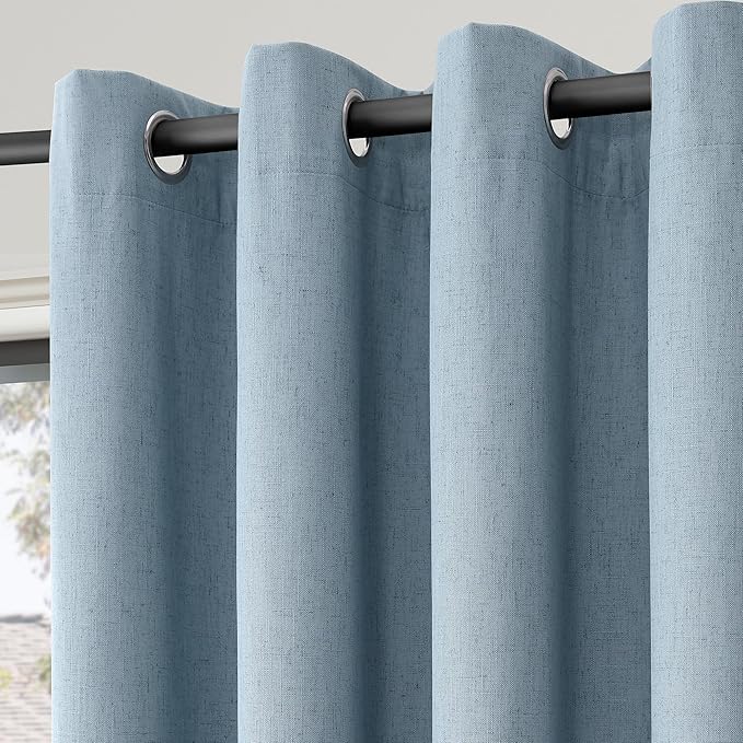 Grommet Blue Blackout Linen Curtains 84 inches Long for Bedroom Full Light Blocking Thermal Insulated Black Out Curtain Panels 84 Inch Length Energy Saving Room Darkening Curtain White Backing 52x84