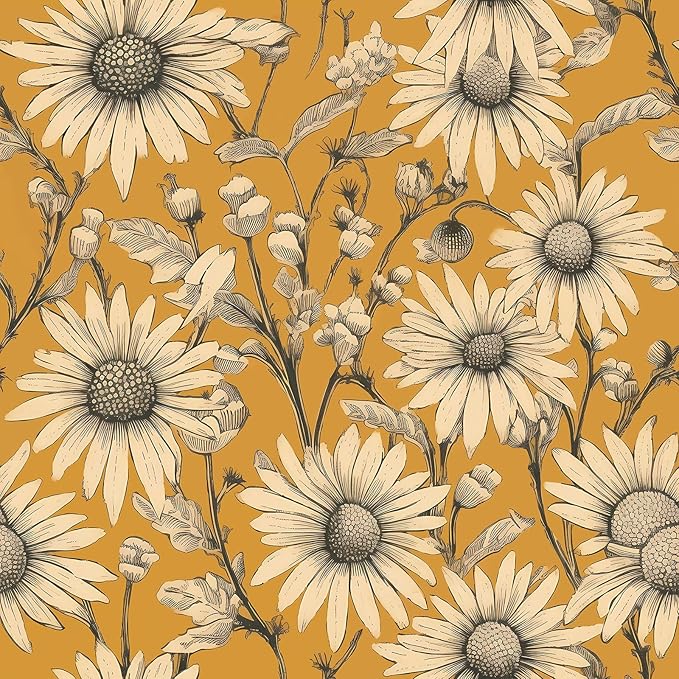 Livelynine 17.5x276" Vintage Floral Peel and Stick Wallpaper Antique Gold Retro Yellow Flowers Prepasted Daisy Wallpaper for Bathroom Girls Accent Wall Cover Boho Contact Paper for Cabinets Drawers
