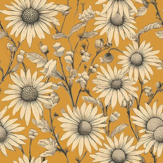 Livelynine 17.5x276" Vintage Floral Peel and Stick Wallpaper Antique Gold Retro Yellow Flowers Prepasted Daisy Wallpaper for Bathroom Girls Accent Wall Cover Boho Contact Paper for Cabinets Drawers