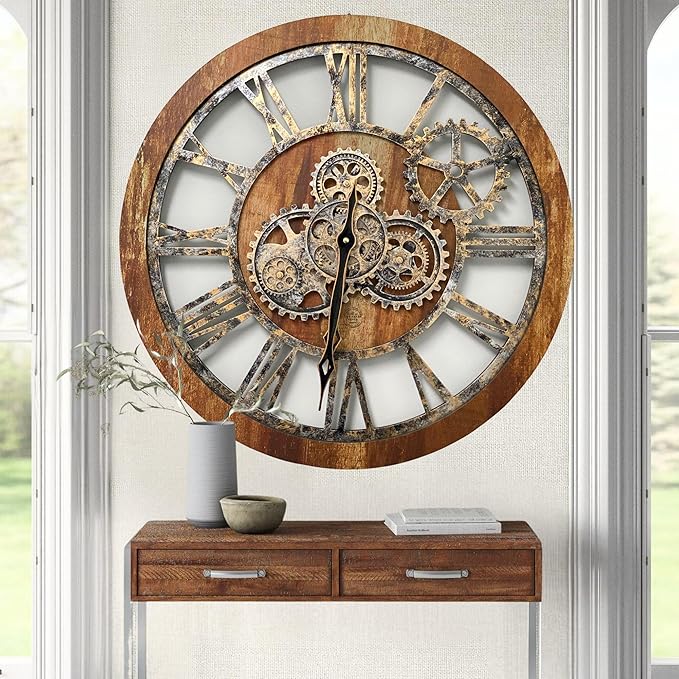 ImprovingLife The Gears Clock The Original Real Moving Gear Wall Clock Vintage Industrial Oversized Rustic Farmhouse (24 inch (60cm), Vintage Brown)