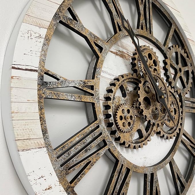 ImprovingLife The Gears Clock The Original Real Moving Gear Wall Clock Vintage Industrial Oversized Rustic Farmhouse (24 inch (60cm), Vintage Desert Beige and Bronze)
