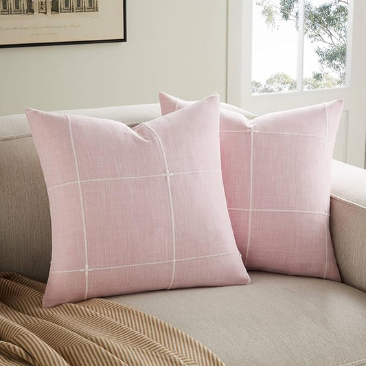 2 Packs Grid Embroidery Throw Pillow Covers, 22x22 Inch Pink, Farmhouse Linen Decorative Pink Cushion Covers for Sofa Bed Living Room Home Decor