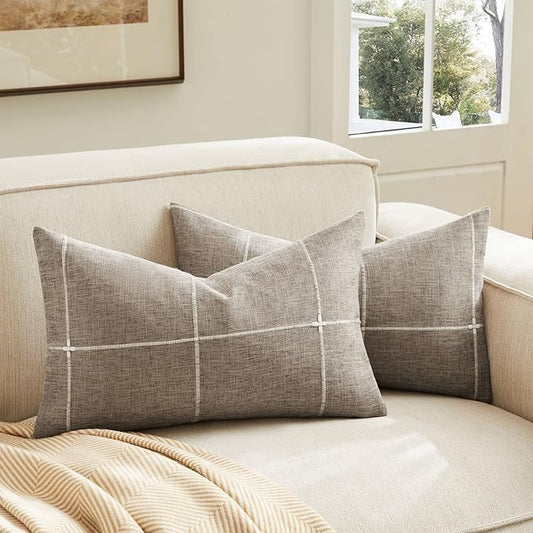 2 Packs Grid Embroidery Lumbar Throw Pillow Covers, 12x20 Inch Cocoa Brown, Farmhouse Linen Decorative Drak Brown Cushion Covers for Sofa Bed Living Room Home Decor