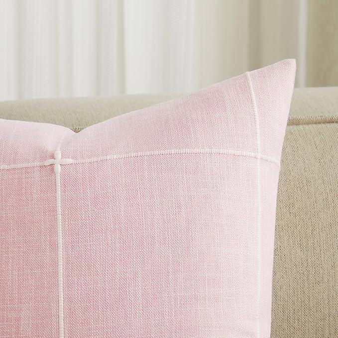 2 Packs Grid Embroidery Throw Pillow Covers, 24x24 Inch Pink, Farmhouse Linen Decorative Pink Cushion Covers for Sofa Bed Living Room Home Decor