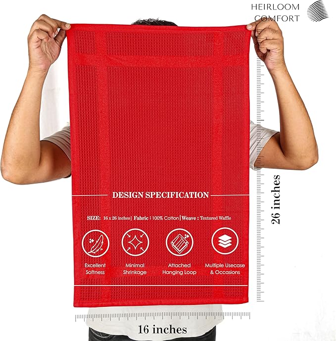3 Pack Red Waffle Weave Kitchen Towels, 16x26 Inch, 100% Cotton, Absorbent Dishcloth Set, Quick Drying, Durable for Cleaning, Wiping, Drying Dishes, Machine Washable Dish Towel, Red