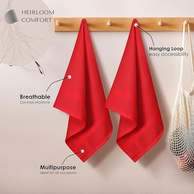 100% Cotton Kitchen Towels, 16"x26", 5 Pack, Waffle Weave, Absorbent, Fast Drying Dishcloth Set for Cleaning, Hand Towels, Dish Rags, Wash Cloth, Durable, Machine Washable, Red