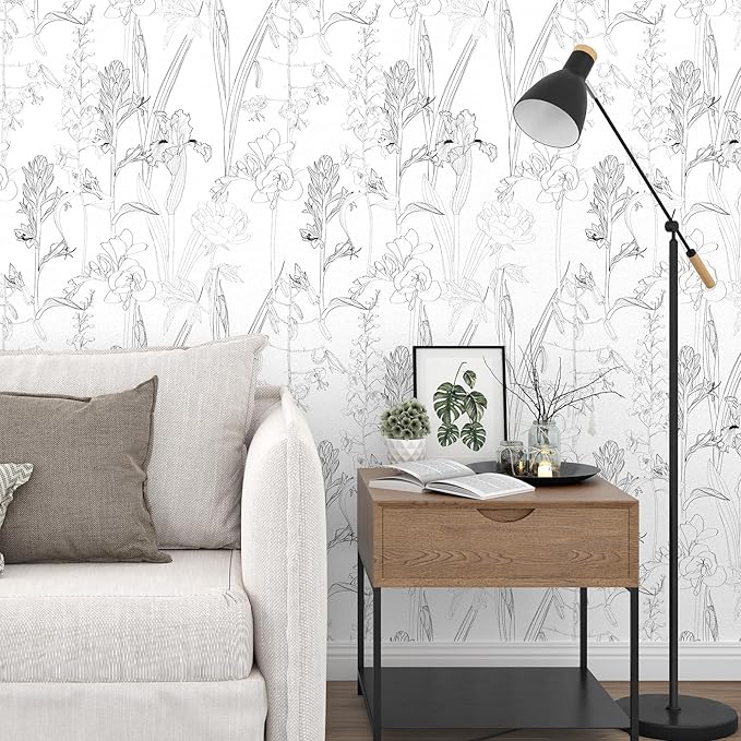 WESTICK Black White Floral Wallpaper Chinoiserie Sketch Floral Contact Paper Modern Iris Flower Peel and Stick Wallpaper for Bedroom Accent Walls Living Room Bathroom Laundry Room Cabinets 17.5"x100"