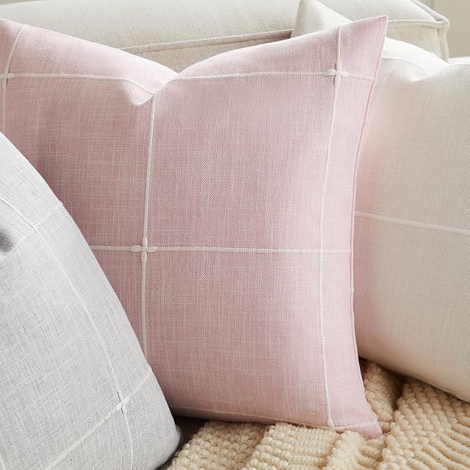 2 Packs Grid Embroidery Throw Pillow Covers, 22x22 Inch Pink, Farmhouse Linen Decorative Pink Cushion Covers for Sofa Bed Living Room Home Decor