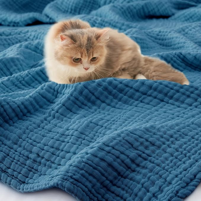 Carriediosa 100% Cotton Muslin Throw Blanket 70" X 80" Twin Size，4-Layers Summer Gauze Throws for Bed Couch，Soft Lightweight Breathable Linen Blankets Bedspread for Adults All Season，Dusty Blue