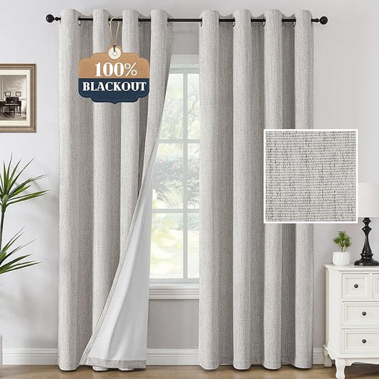 H.VERSAILTEX Chenille Linen Curtains 108 inches Long 100% Black Out Curtains, Textured Linen Look Draperies Grommet with White Flocking Coating Back, 2 Panels, Heathered Cloud(Not Solid)