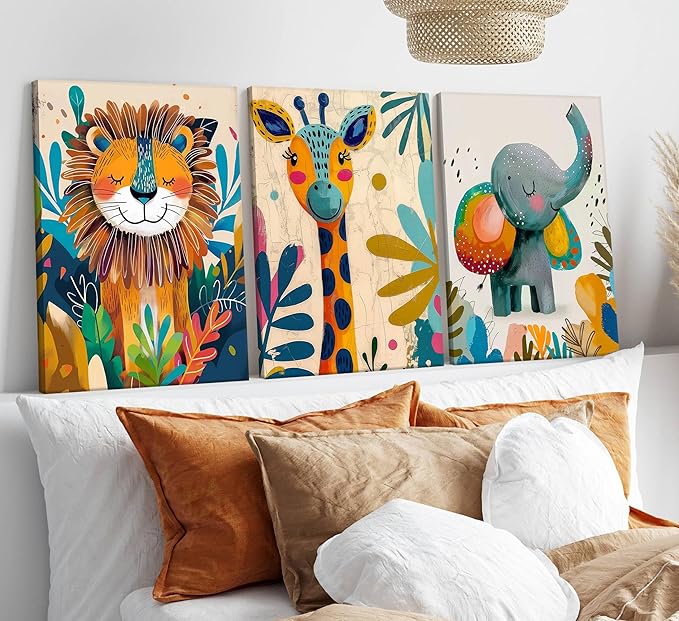 3Pcs Safari Animal Nursery Canvas Wall Art Cute Watercolor Elephant Giraffe Lion Pictures Wall Decor Colorful Jungle Animals Posters Painting Prints for Kids Room Baby Boys and Girls Room, Framed