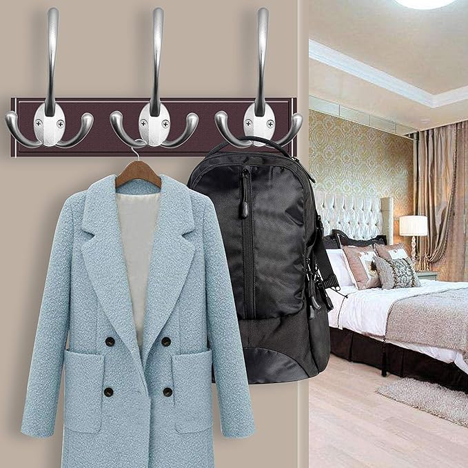 IBosins 6 Pack Big Heavy Duty Three Prongs Coat Hooks Wall Mounted with 24 Screws (Two Types of Screws Included) Retro Double Utility Rustic Hooks for Thick Coat, Big Heavy Bags (Matte Nickel)