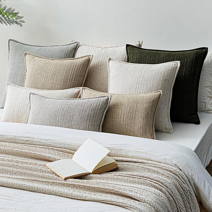 a moment Linen Pillow Covers Set of 2,Boho Farmhouse Throw Pillowcases Neutral Textured Decorative Covers for Couch Sofa, Soft Linen Blend Accent Case Cushion Living Room Home Decor 26"x26"Ivory