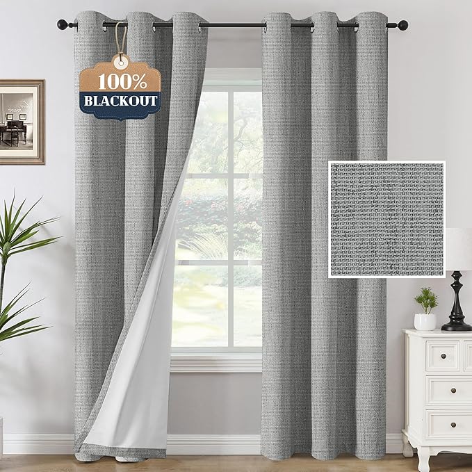 H.VERSAILTEX 100% Blackout Curtains Linen Textured Chenille Curtains Thermal Insulated Curtain Panels with White Flocking Coating Back, 42" W x 84" L, Heathered Dove Gray(Not Solid)