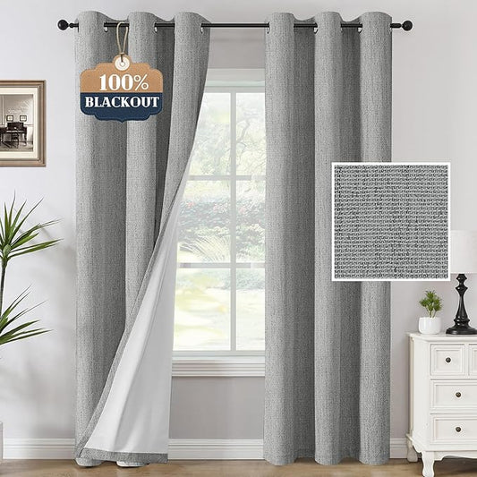 H.VERSAILTEX 100% Blackout Curtains Linen Textured Chenille Curtains Thermal Insulated Curtain Panels with White Flocking Coating Back, 42" W x 84" L, Heathered Dove Gray(Not Solid)