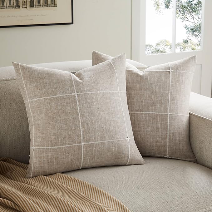 2 Packs Grid Embroidery Throw Pillow Covers, 22x22 Inch Taupe, Farmhouse Linen Decorative Light Brown Cushion Covers for Sofa Bed Living Room Home Decor