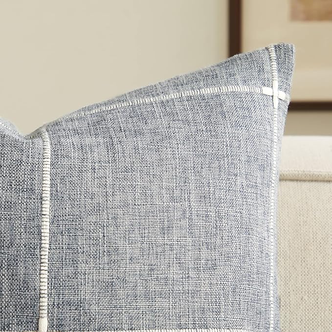 2 Packs Grid Embroidery Throw Pillow Covers, 20x20 Inch Blue Ashes, Farmhouse Linen Decorative Blue Ashes Cushion Covers for Sofa Bed Living Room Home Decor