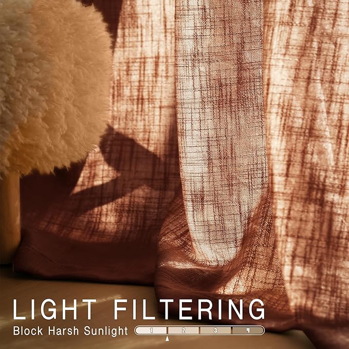 HESTIA Linen Curtains 72 inches Long 2 Panel Set Back Tab Pocket Rustic Farmhouse Boho Drapes for Living Room Semi Sheer Red Orange Window Curtain for Dining Room (72" L x 52" W)