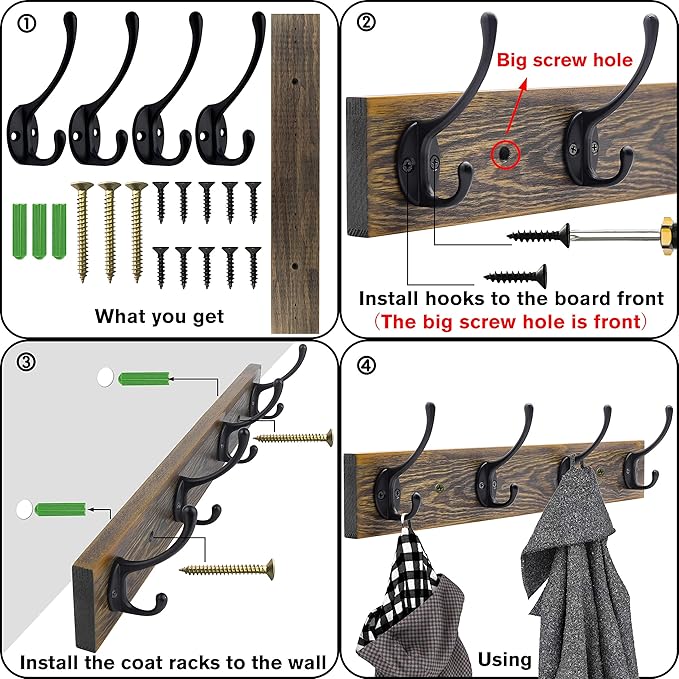 IBosins Wall Mounted Coat Rack, Entryway Hanging , Metal Wood Rack with 4 Black Literary Rustic Hooks Rail for Scarf, Bag, Towel, Key, Cap, Cup, Hat (Brown)