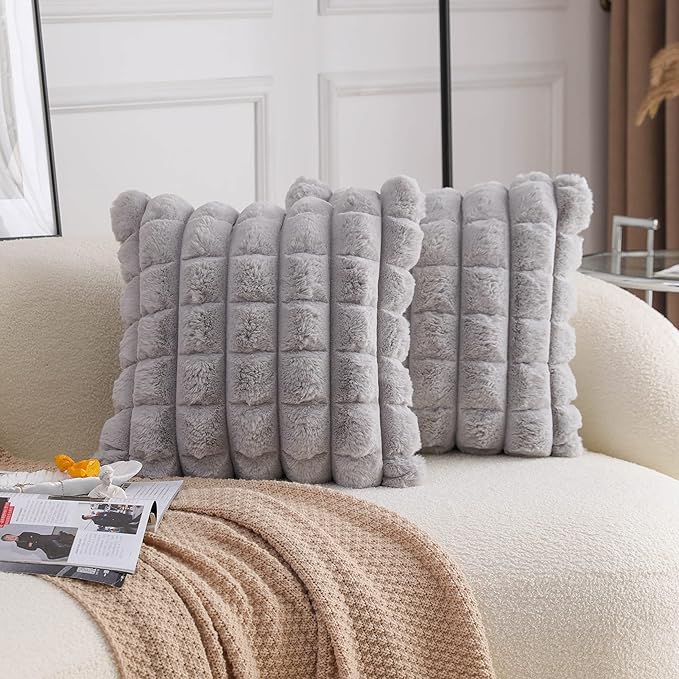 Neelvin Grey Faux Fur Cozy Soft Plaid Decorative Throw Pillow Covers 24x24 inch Set of 2,Velvet Pillowcase Cushion Case for Sofa Couch