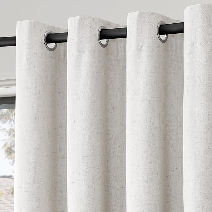 100% Blackout Linen Curtains for Bedroom Thermal Insulated Grommet Complete Blackout Drapes 100 Inch Length 2 Panels Set Heat and Full Light Blocking Living Room Darkening Curtains Natural