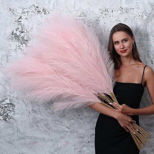 8 Pcs 45 inch Tall Faux Pampas Grass Decor, Large Artificial Pink Pompous Grass Bulk, Long Fake Pompas for Floor Vase Filler, Wedding, Baby Shower, Home and Boho Decor (Pink)