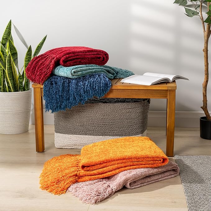 PAVILIA Olive Green Chenille Throw Blanket for Couch Sofa, Soft Olive Knit Throw with Tassel, Decorative Blanket for Bed Chair Living Room, Olive Green 50x60