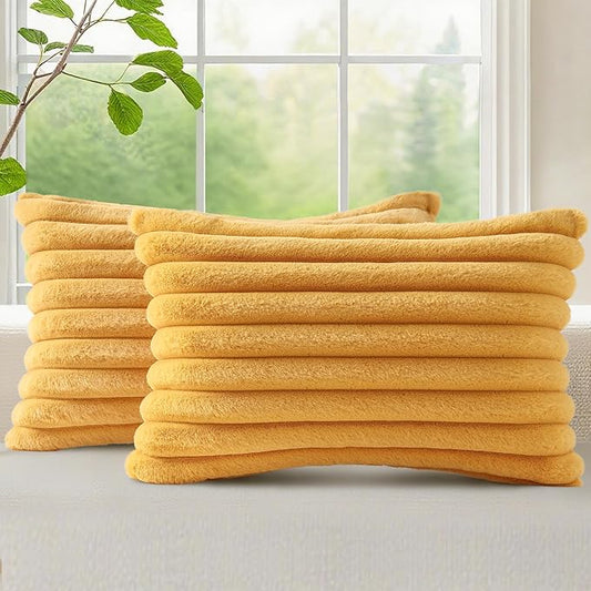 decorUhome Faux Fur Throw Pillow Covers 12x20 Set of 2, Decorative Soft Plush Striped Lumbar Neutral Couch Euro Pillow Covers with Velvet Back for Sofa, Bed, Living Room Home Decor, Mustard Yellow