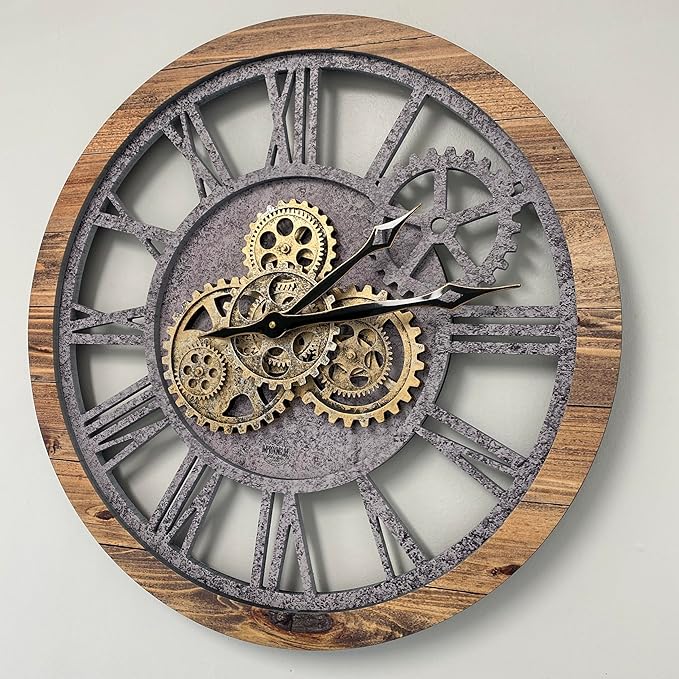 ImprovingLife The Gears Clock The Original Real Moving Gear Wall Clock Vintage Industrial Oversized Rustic Farmhouse (24 inch (60cm),Wood&Stone)