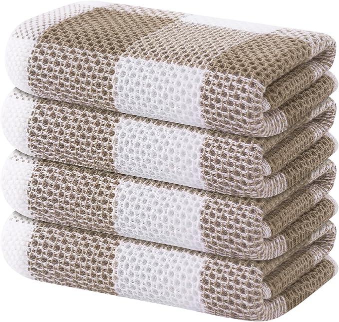 Homaxy 100% Cotton Waffle Weave Check Plaid Kitchen Towels, 13 x 28 Inches, Super Soft and Absorbent Dish Towels for Drying Dishes, 4-Pack, White & Khaki