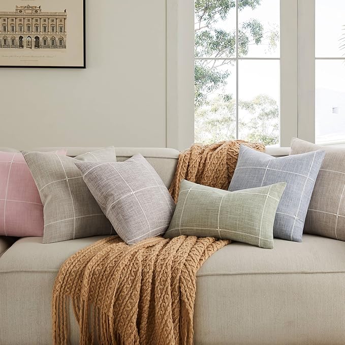 2 Packs Grid Embroidery Throw Pillow Covers, 18x18 Inch Blue, Farmhouse Linen Decorative Dusty Blue Cushion Covers for Sofa Bed Living Room Home Decor