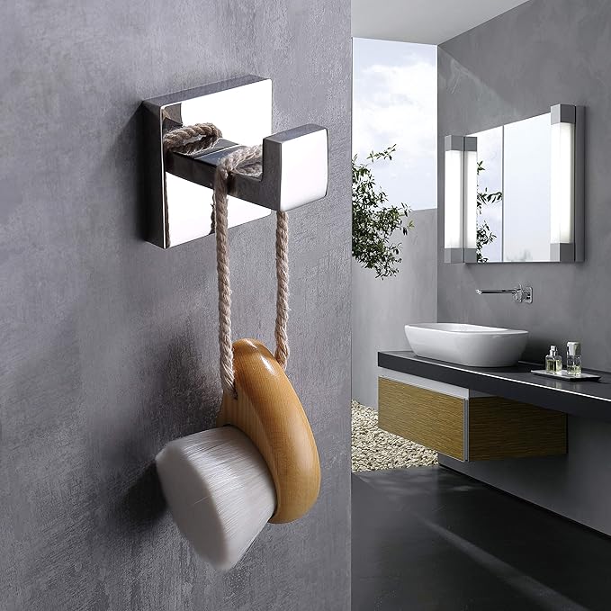 TASTOS Bath Towel Hooks Polished Chrome, 4 Pack Stainless Steel Robe Coat and Clothes Hook, Heavy Duty Wall Hook for Bathroom & Kitchen, Modern Square Style Wall Mounted