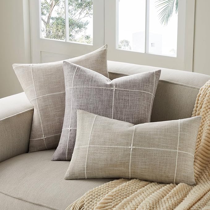 2 Packs Grid Embroidery Throw Pillow Covers, 18x18 Inch Taupe, Farmhouse Linen Decorative Light Brown Cushion Covers for Sofa Bed Living Room Home Decor