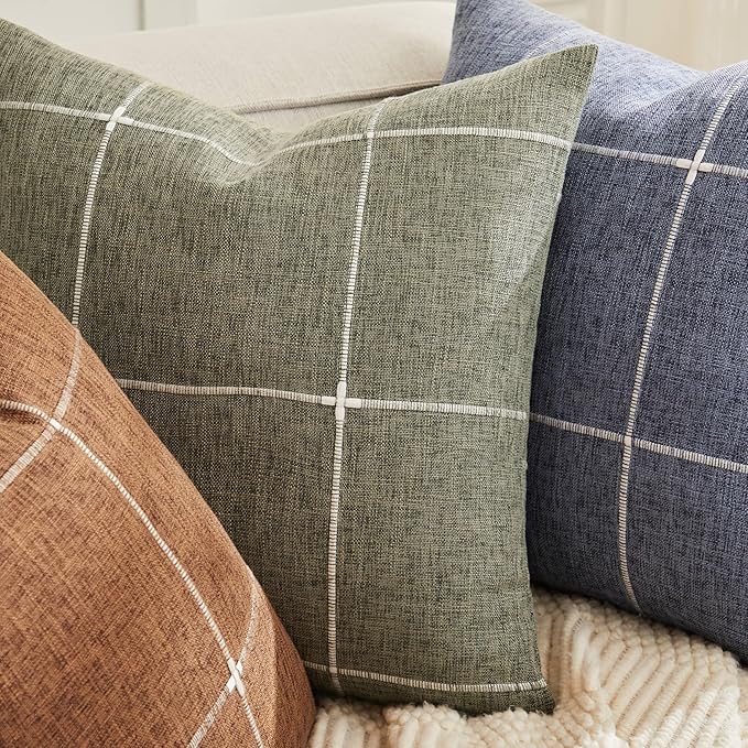 2 Packs Grid Embroidery Throw Pillow Covers, 20x20 Inch Olive, Farmhouse Linen Decorative Olive Cushion Covers for Sofa Bed Living Room Home Decor