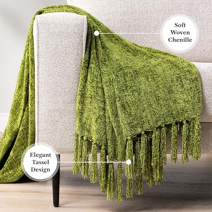 PAVILIA Olive Green Chenille Throw Blanket for Couch Sofa, Soft Olive Knit Throw with Tassel, Decorative Blanket for Bed Chair Living Room, Olive Green 50x60