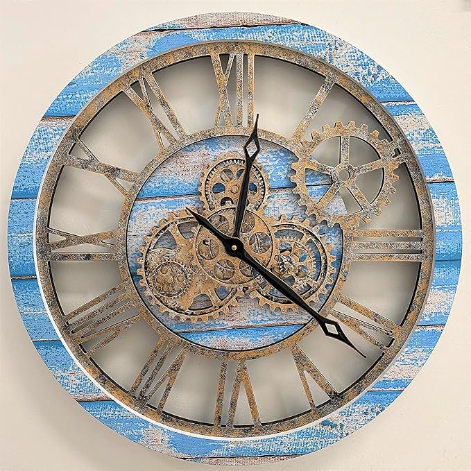 ImprovingLife The Gears Clock The Original Real Moving Gear Wall Clock Vintage Industrial Oversized Rustic Farmhouse (24 inch (60cm), Vintage Ocean Blue and Bronze)